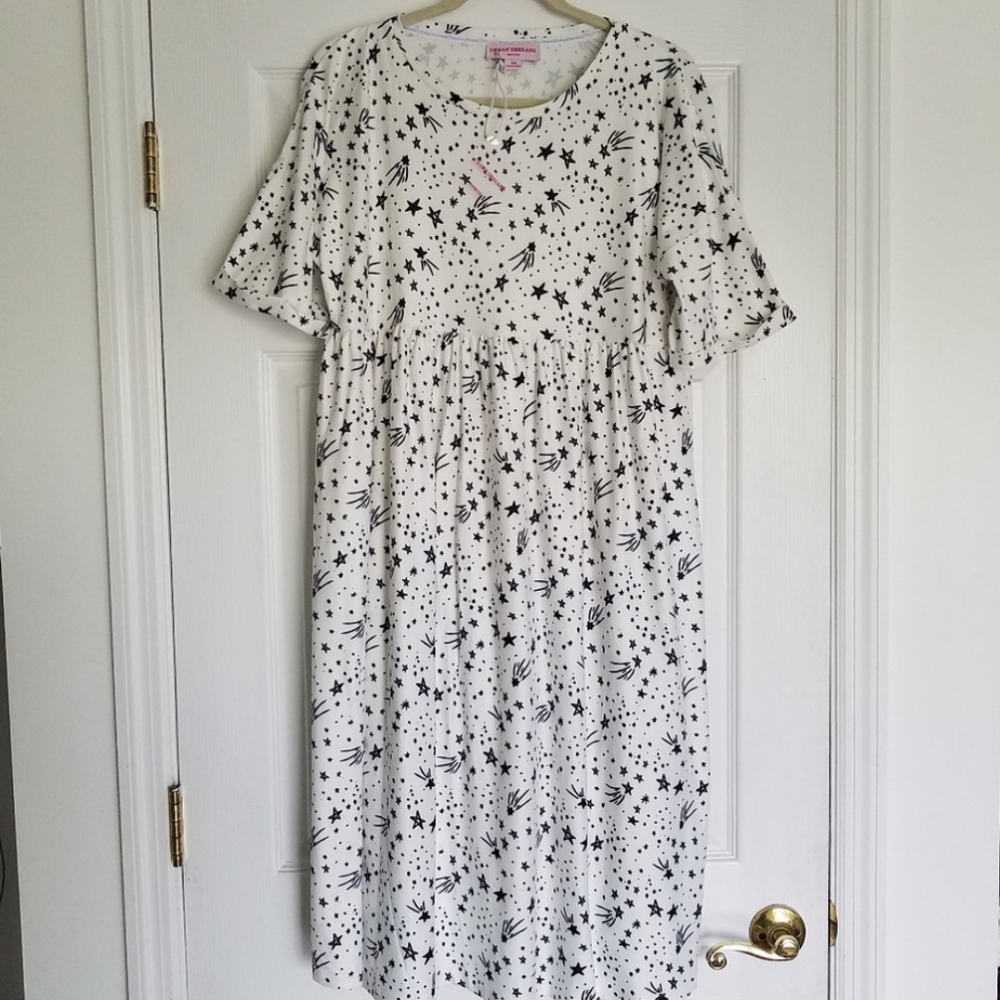 NWT Urban Threads Petite Midi Smock Dress White Star Print Size Petite 14